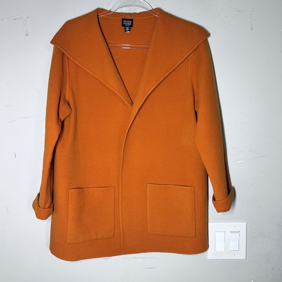 Eileen Fisher Wool-Cashmere Shawl-Collar Coat Cardigan in Marigold/Orange, PS - Picture 3 of 11